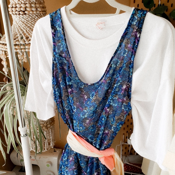 Handmade blue floral semi sheer midi dress zipper back navy sleeveless vintage - Picture 7 of 7